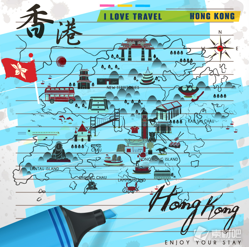 时尚创意手绘香港旅行地图