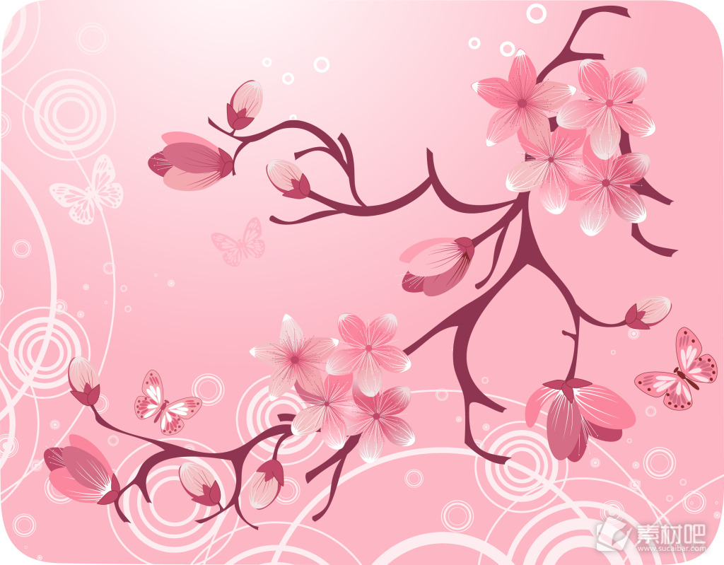 桃花粉红蝴蝶图案背景矢量插图
