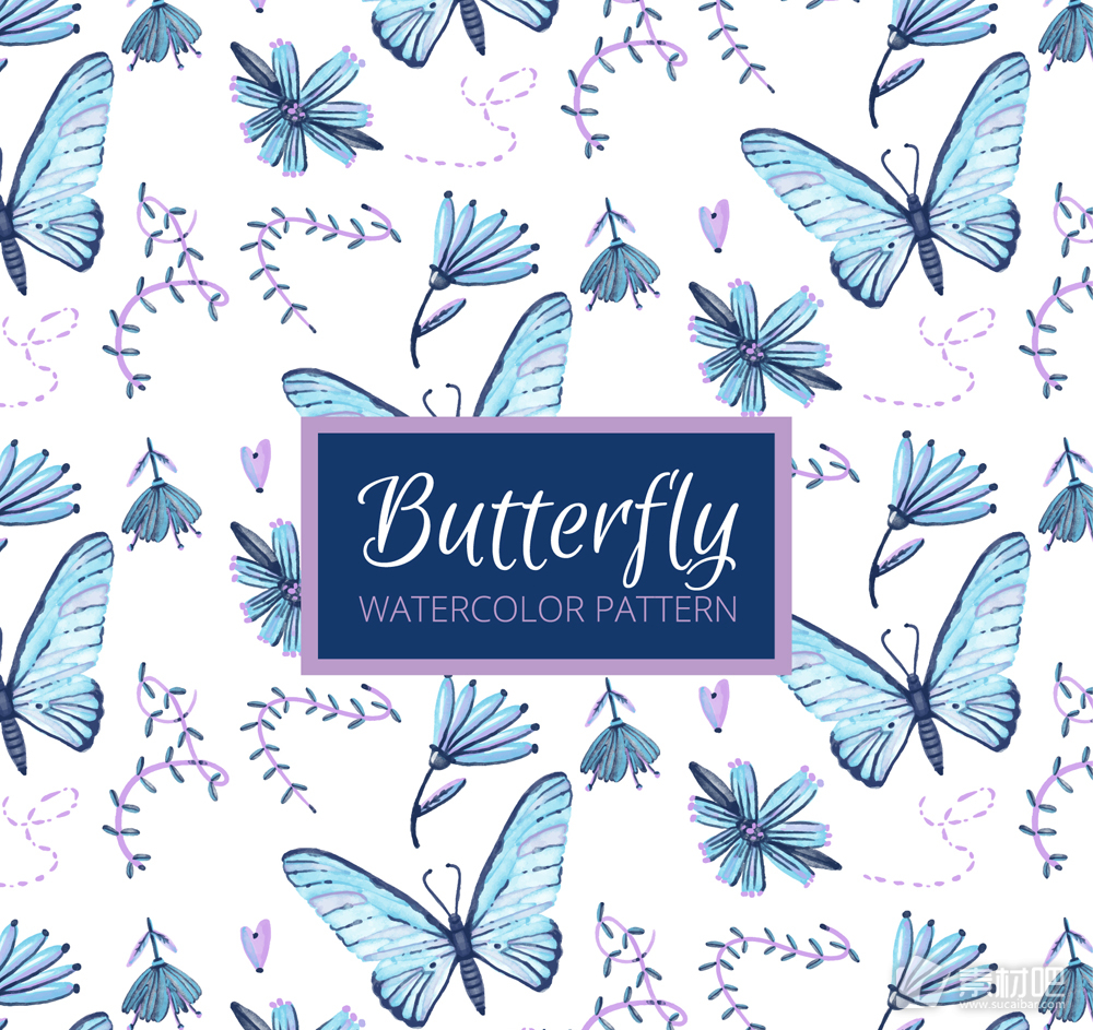 蓝色蝴蝶和花卉无缝背景矢量图