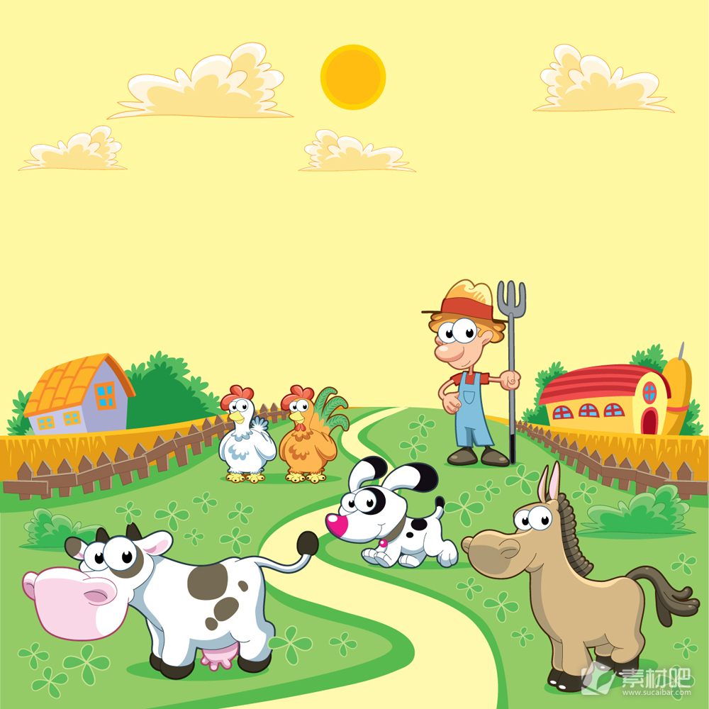 卡通农场农夫和小动物风景矢量素材