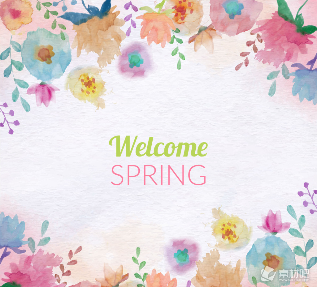 春季背景与彩色水彩花卉插画