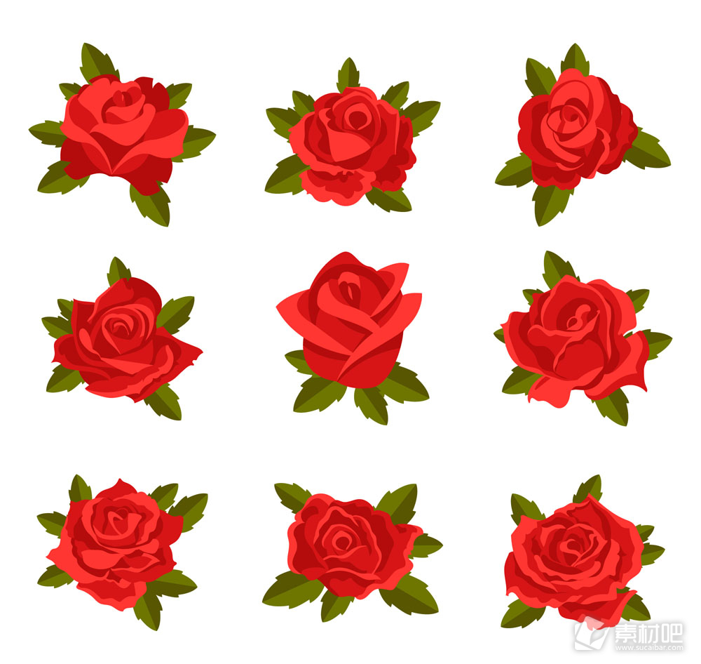 9款红色带叶玫瑰花矢量素材