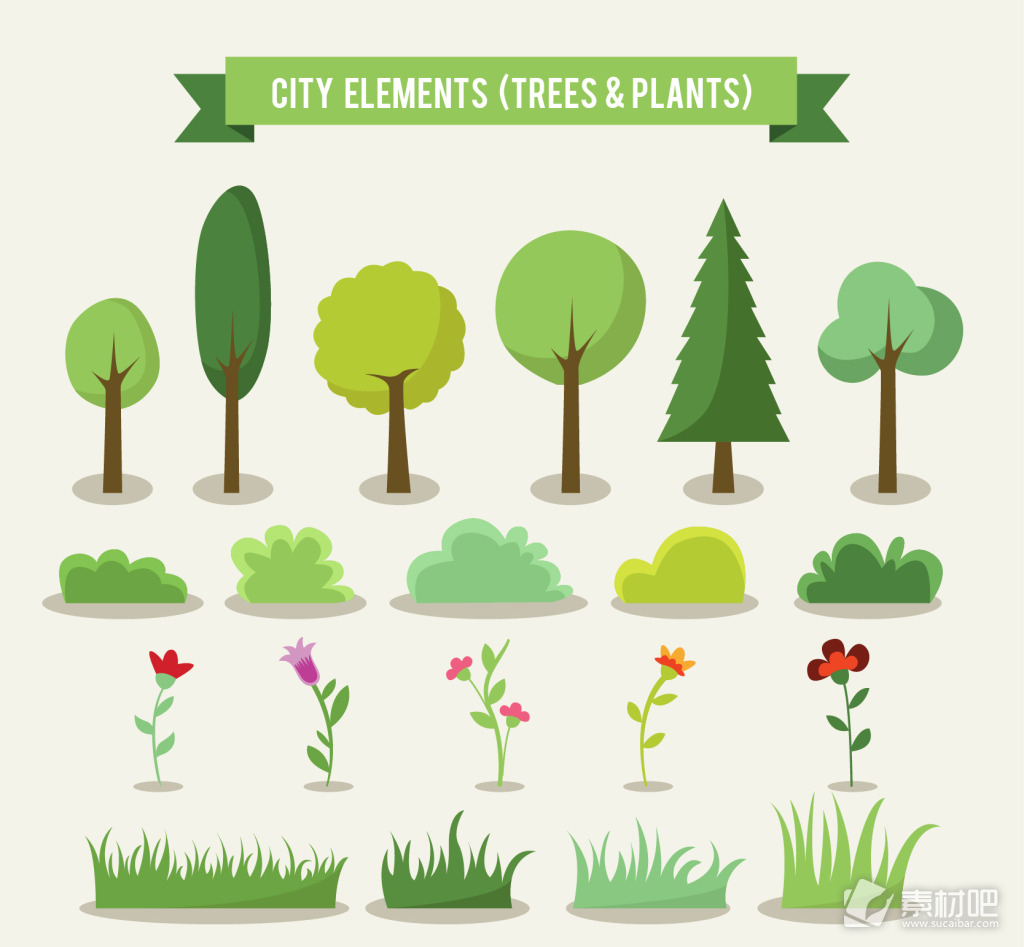 卡通绿色城市树木和植物