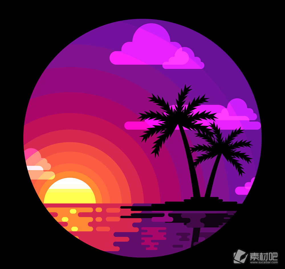 紫色大海和棕榈树风景矢量素材