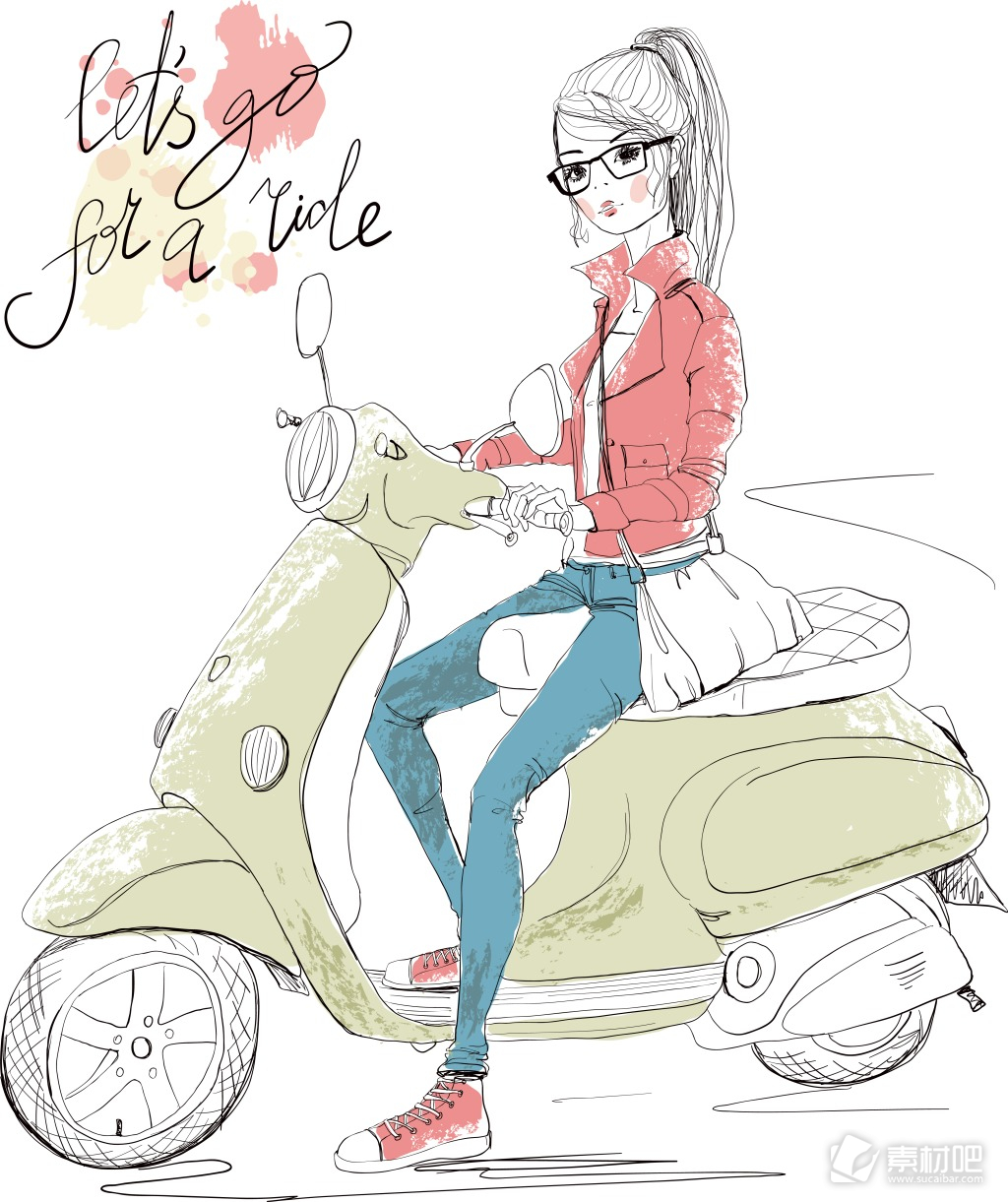 手绘骑摩托车的女生插画