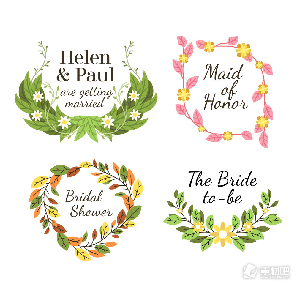 款彩色树叶和花卉婚礼标签矢量图