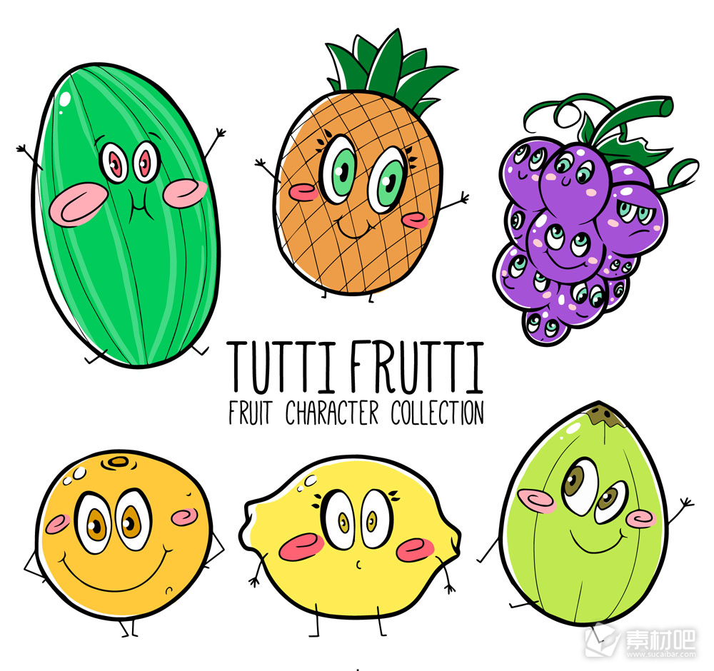 6款彩绘卡通表情水果矢量素材