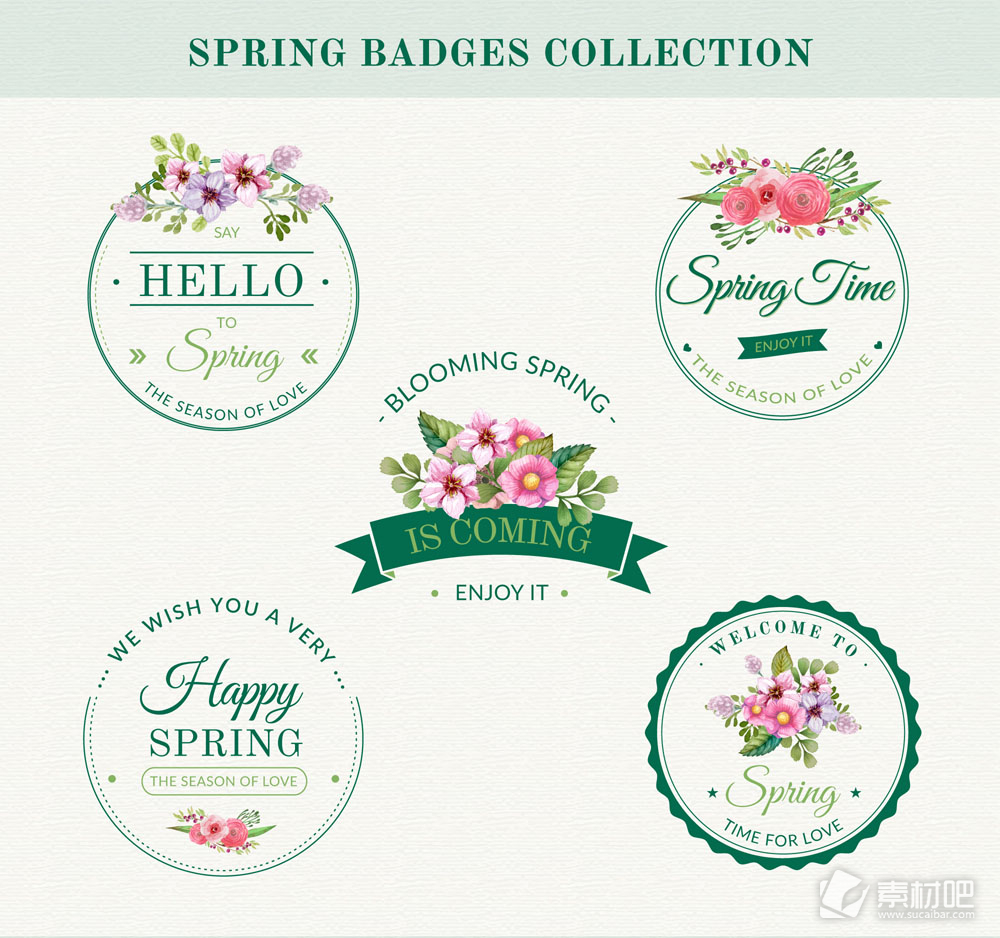 5款创意春季花卉徽章矢量素材