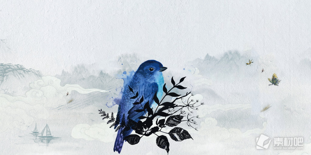 创意彩绘蓝色小鸟花枝背景设计