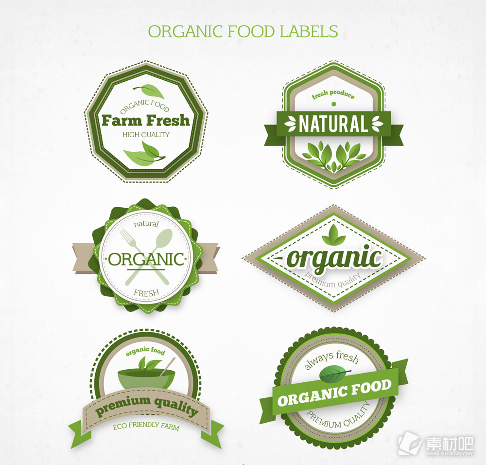 6款绿色有机食物标签矢量图