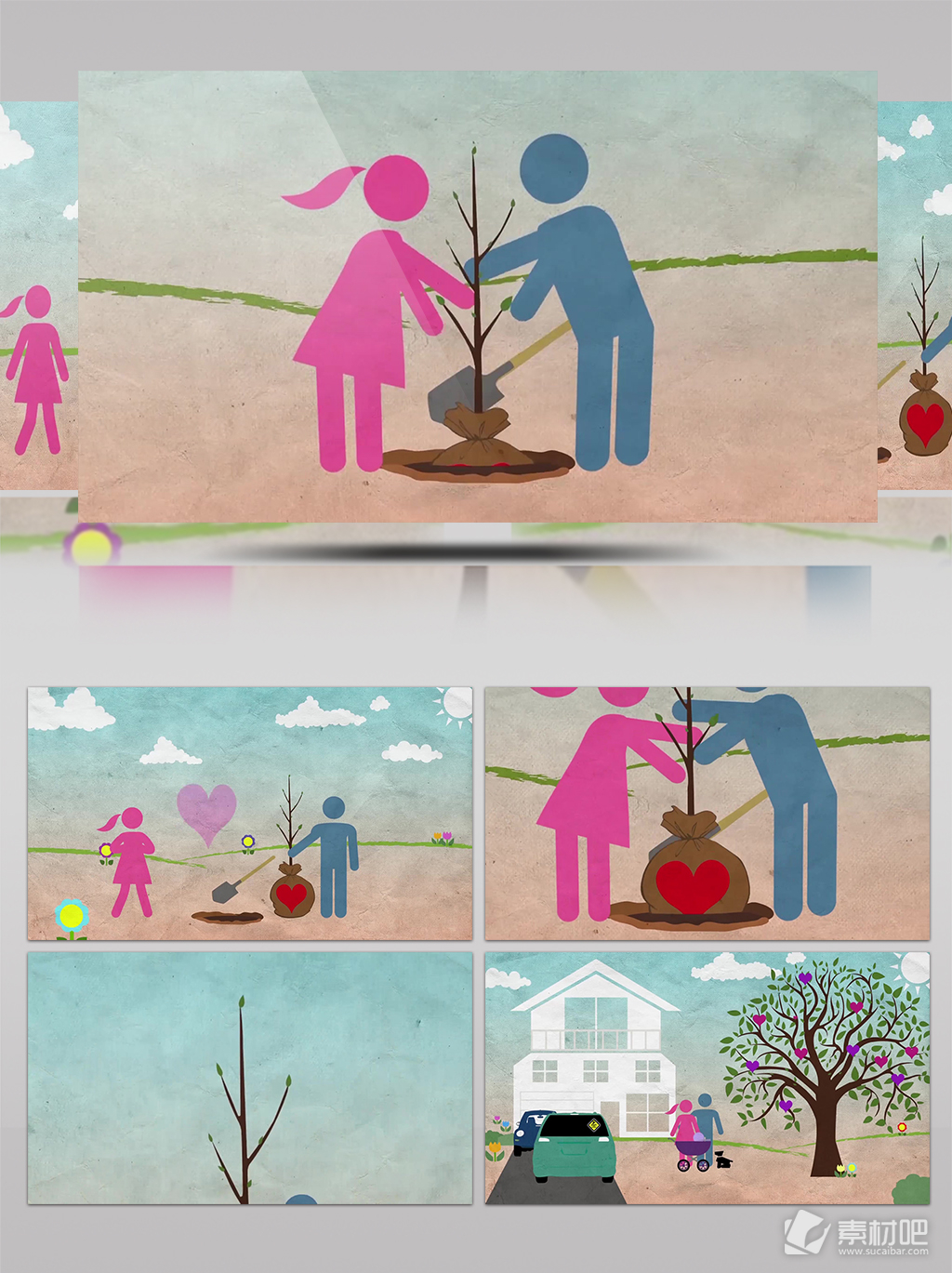 卡通插画情侣植树节种植爱心树木