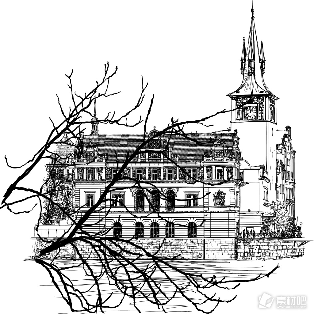 黑白手绘城堡建筑插画