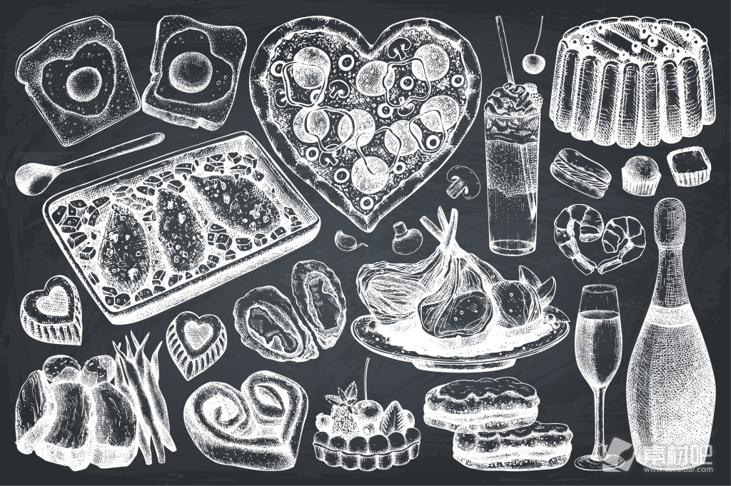 黑白手绘美味的快餐插画