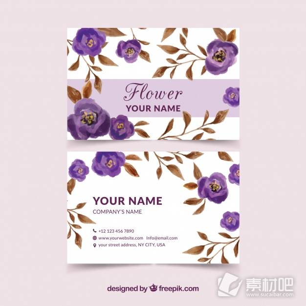 带有紫色花朵的老式公司名片