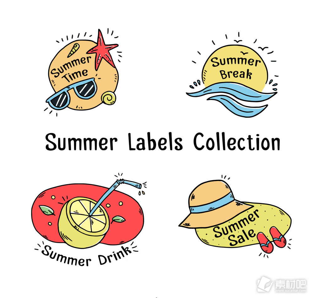 4款彩绘夏季标签设计矢量图