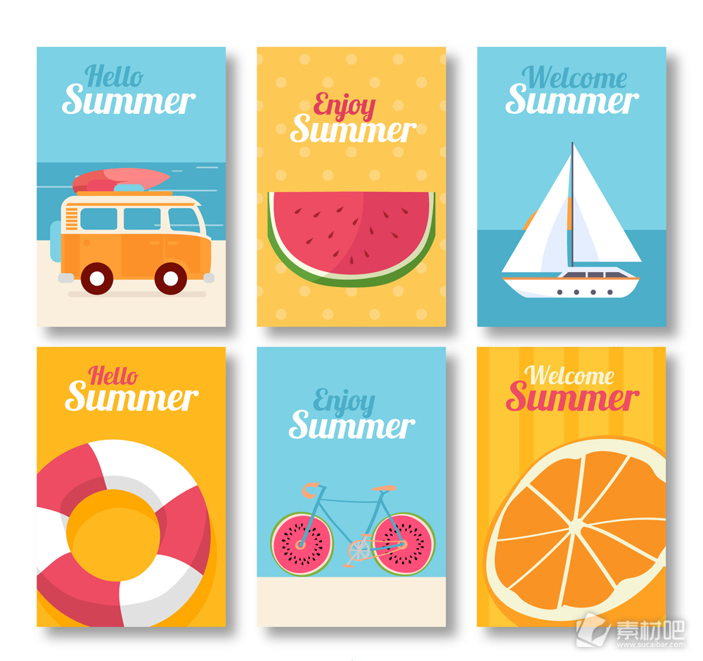 6款彩色夏季卡片矢量素材