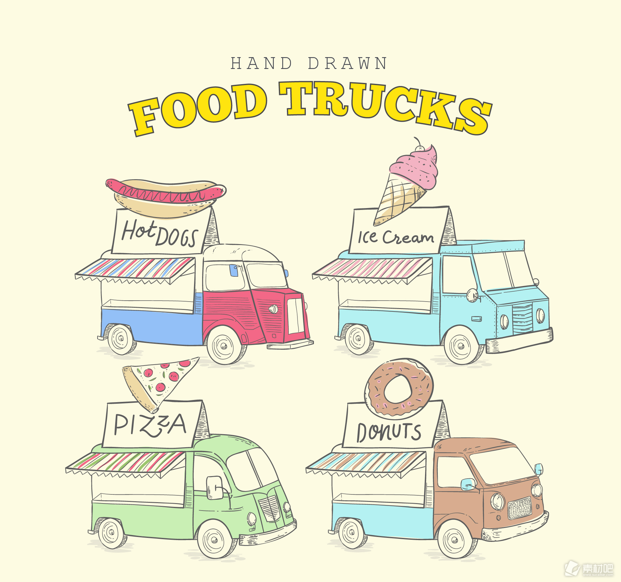 可爱的手绘食品卡车素材
