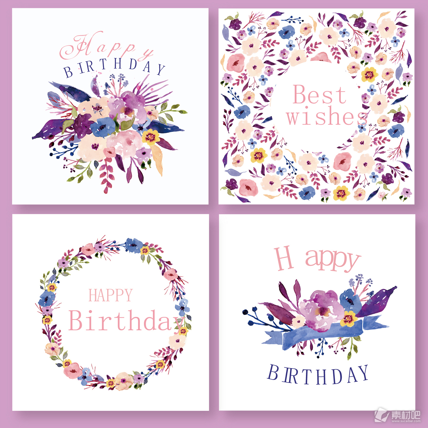 紫色水彩花卉边框邀请卡设计