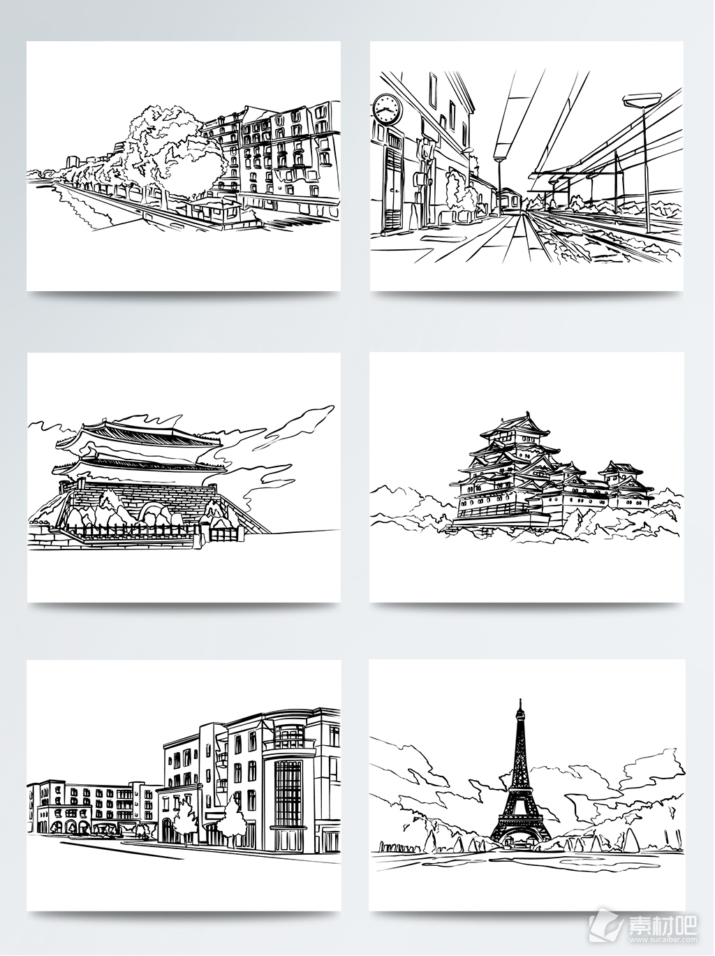 手绘铅笔城市景点建筑插画