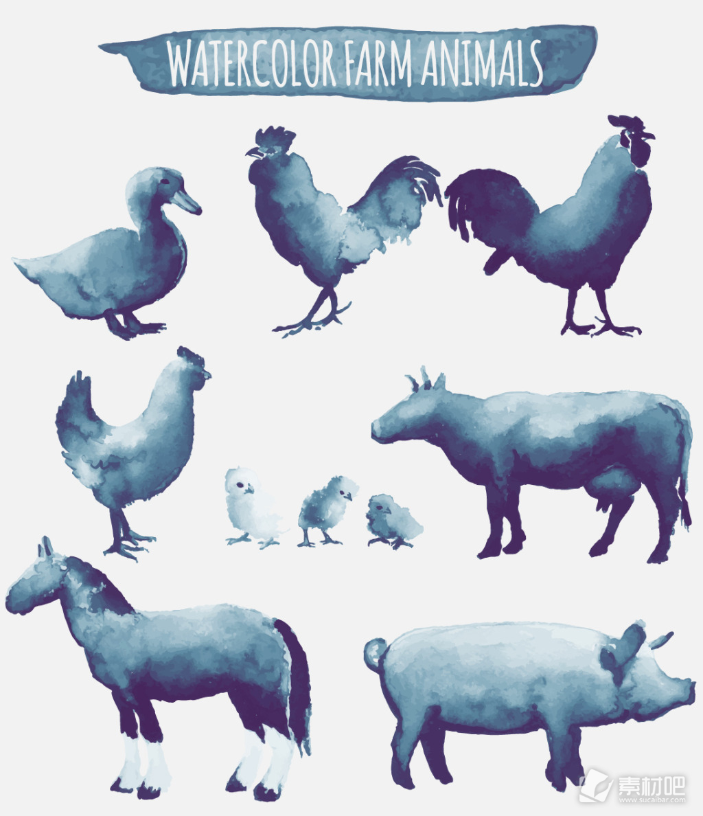 蓝色水彩绘动物插画