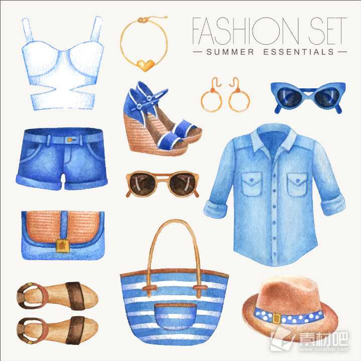 水彩绘蓝色女性夏季服饰