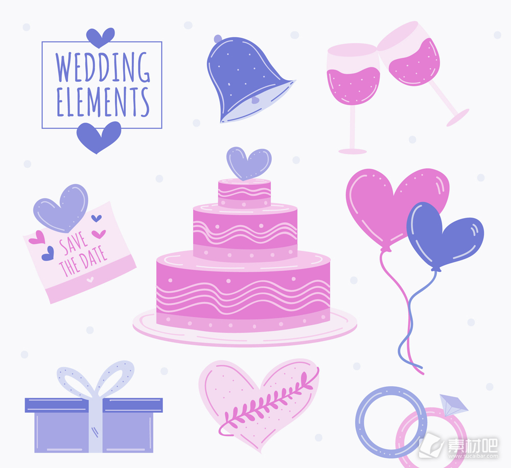 8款彩绘紫色婚礼元素矢量素材