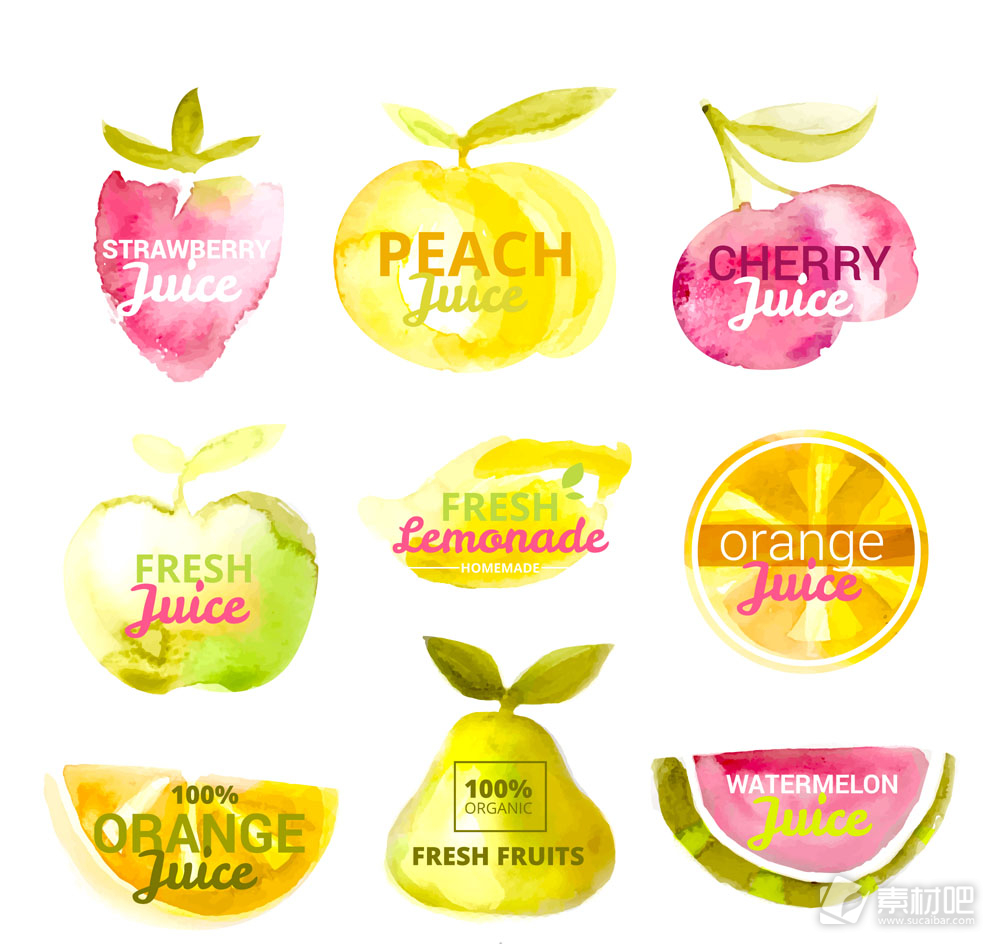 9款水彩绘水果汁标签矢量图