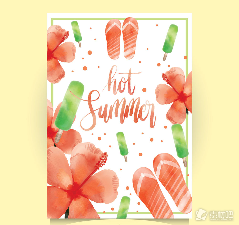 水彩绘夏季扶桑花和雪糕卡片矢量图