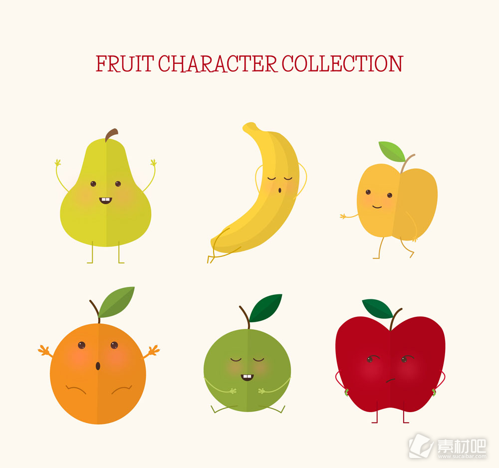 6款扁平化表情水果设计矢量图