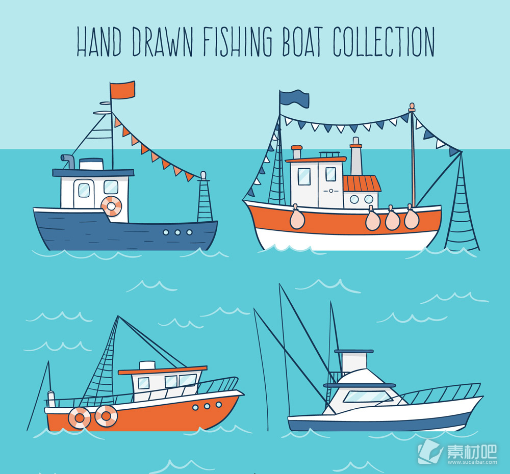 4款彩绘渔船设计矢量素材