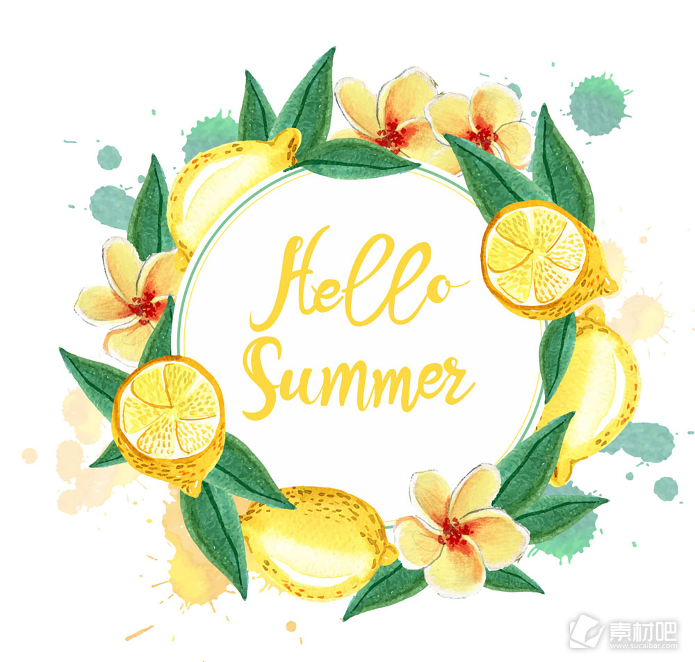 水彩绘夏季柠檬花环矢量图