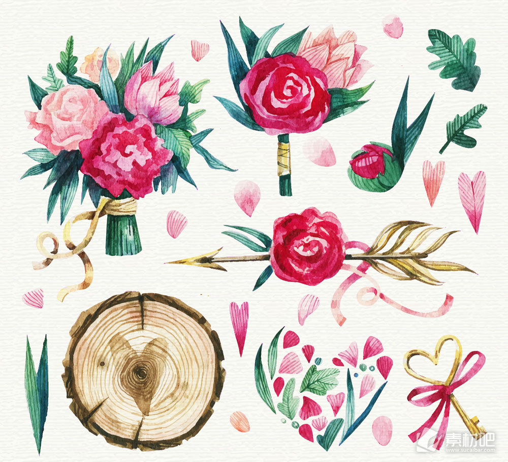 9款彩绘玫瑰花束和木桩矢量素材