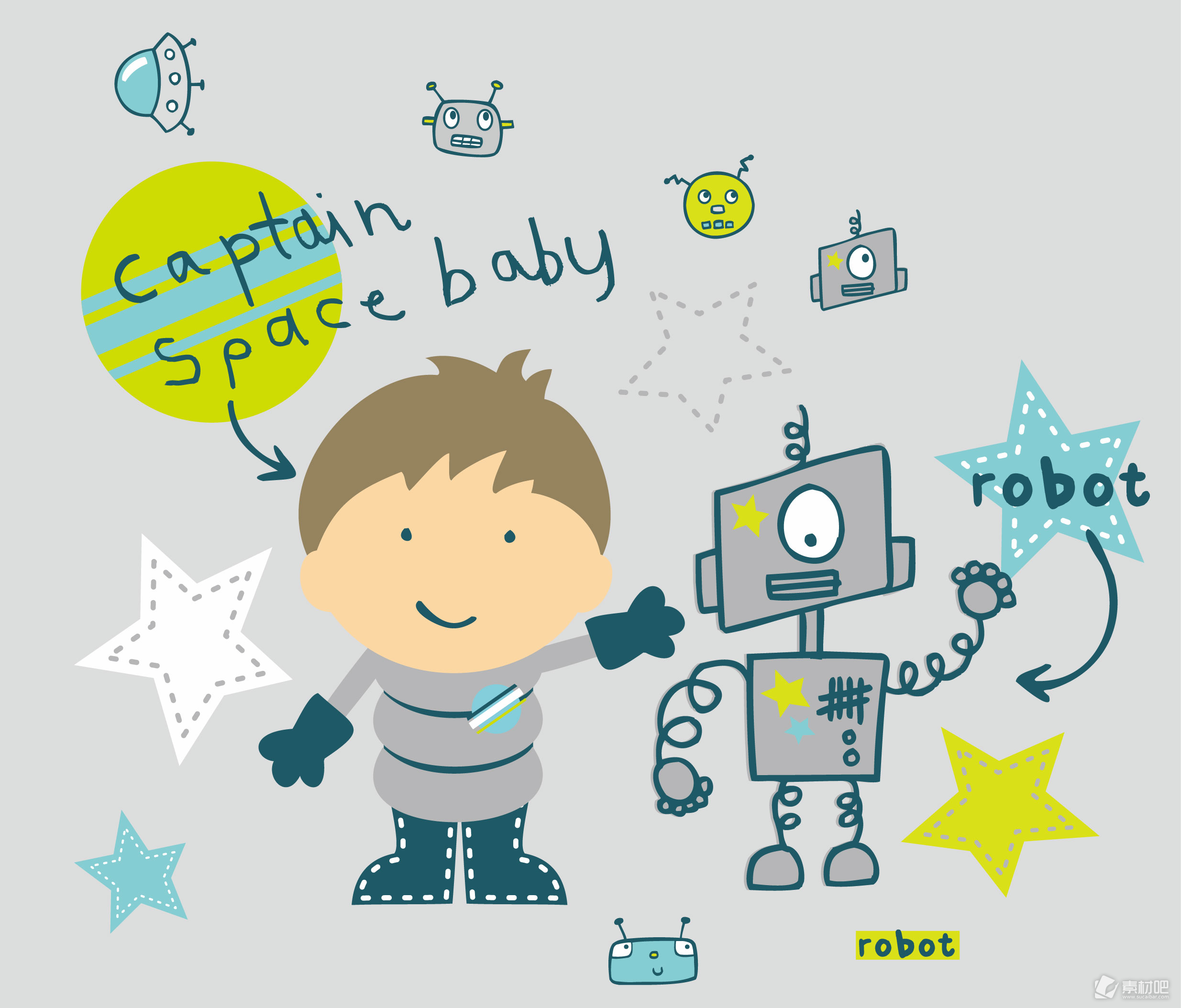 插画卡通男孩机器人太空星空遨游星星矢量图