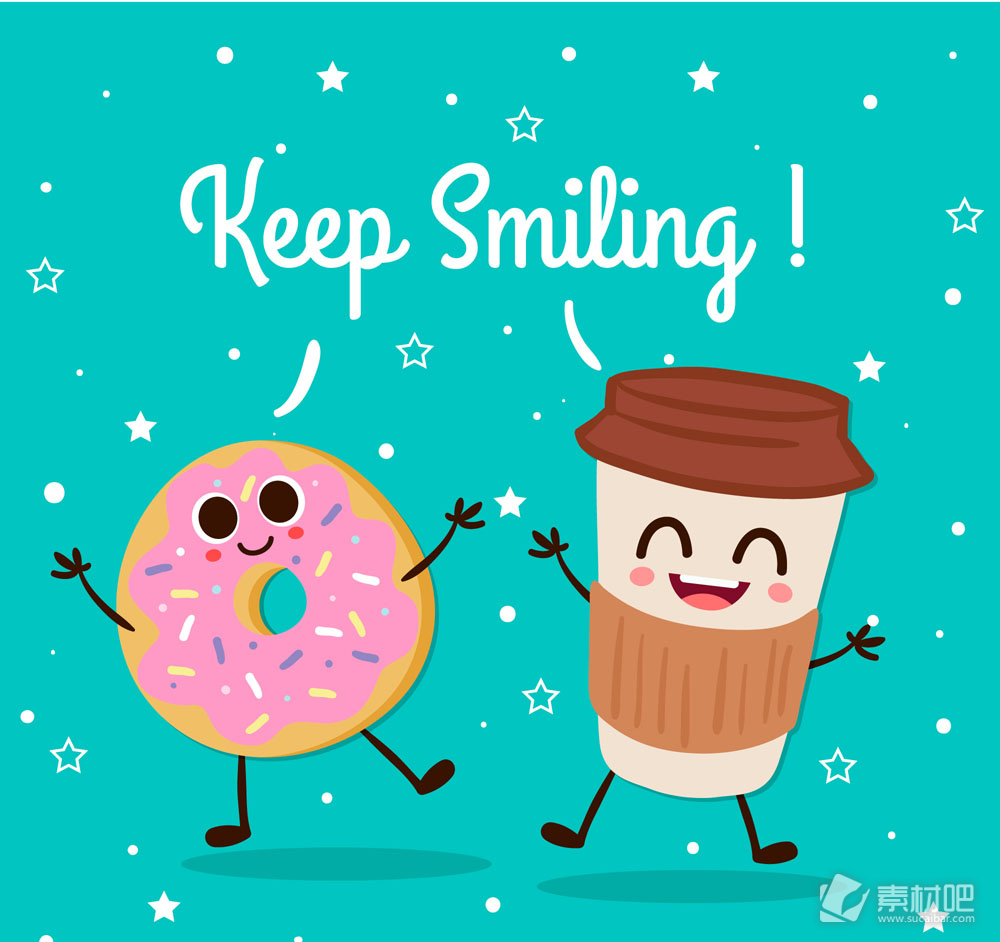 可爱笑脸咖啡和甜甜圈矢量图