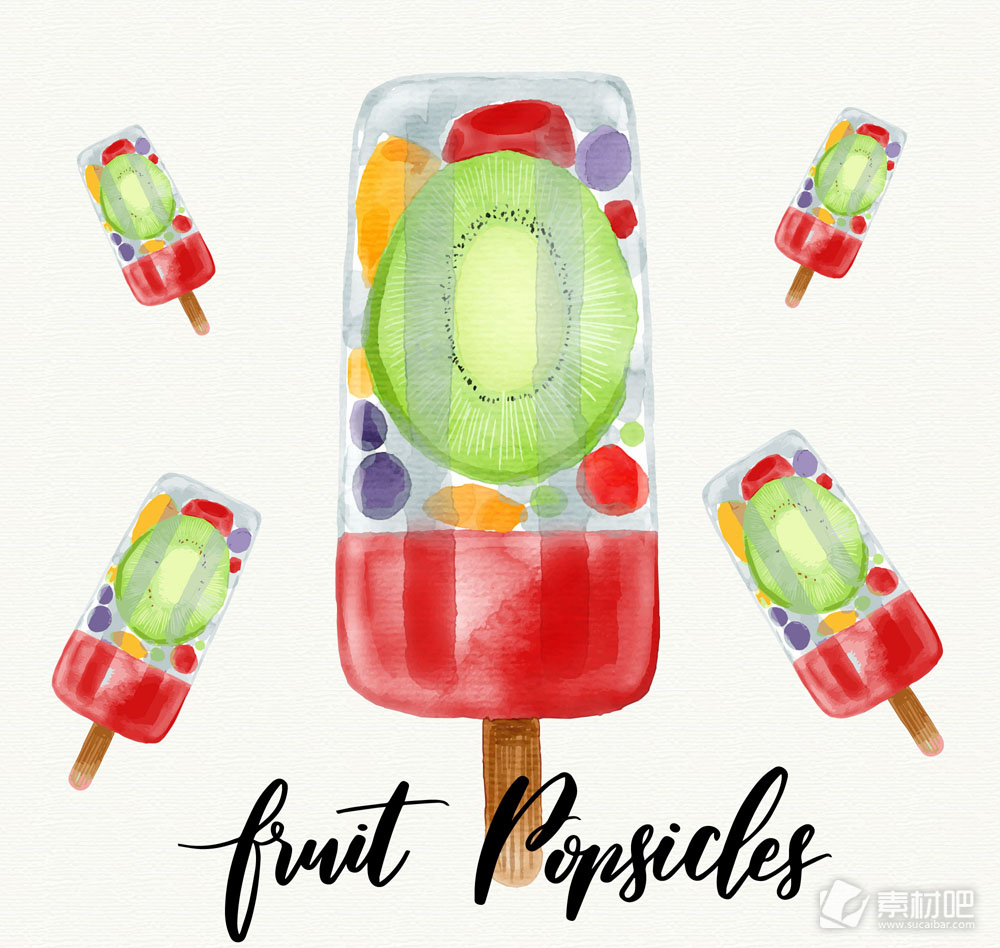 5支彩绘夏季水果冰棍矢量素材