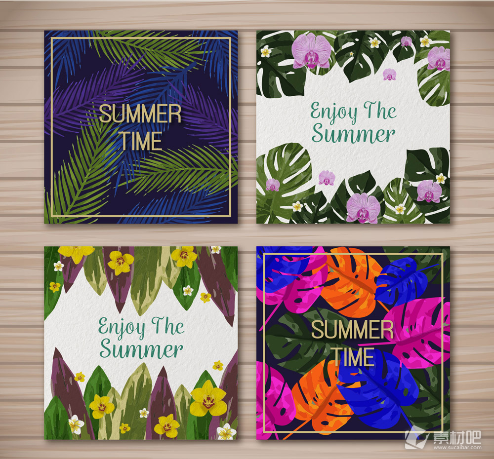 4款彩色夏季花草卡片矢量素材
