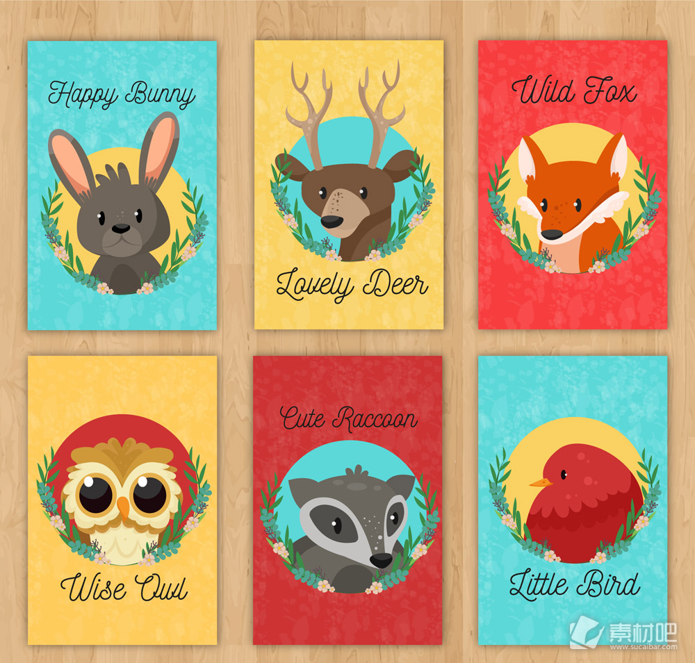 6款可爱野生动物卡片矢量素材