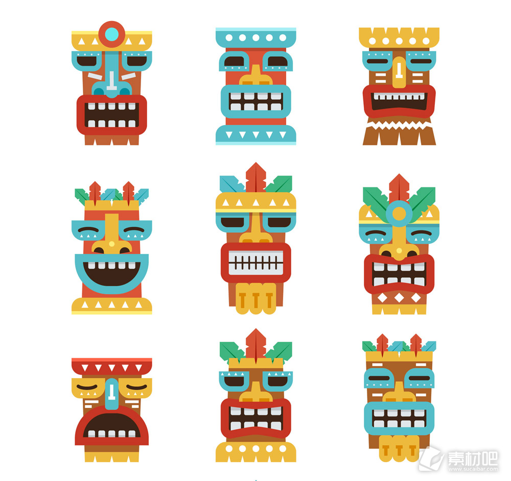9款彩色夏威夷面具图标矢量素材