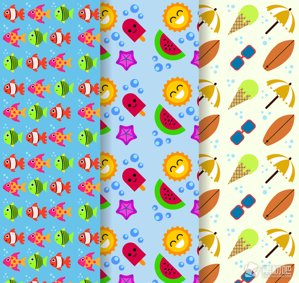3款彩色夏季鱼食物和度假元素无缝背景矢量图