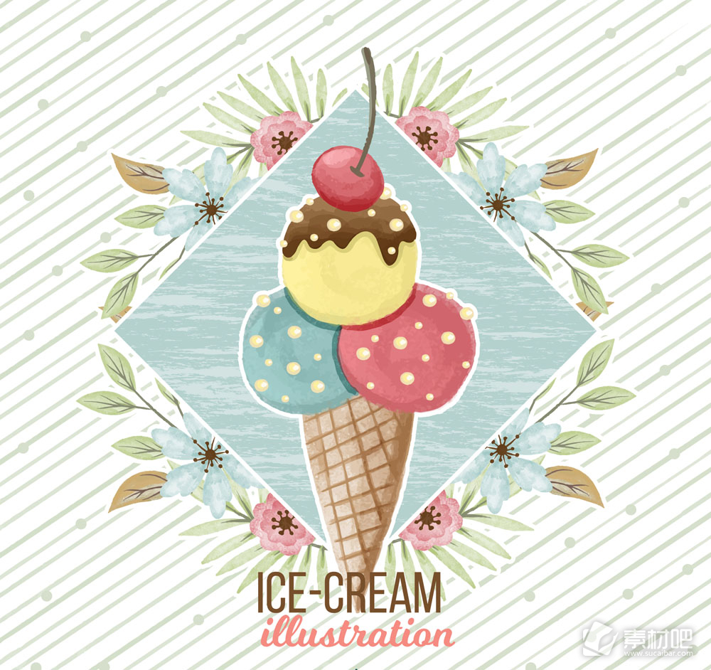 水彩绘夏季花卉和冰淇淋矢量图