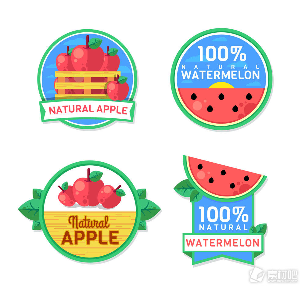 4款创意苹果和西瓜果汁标签矢量图