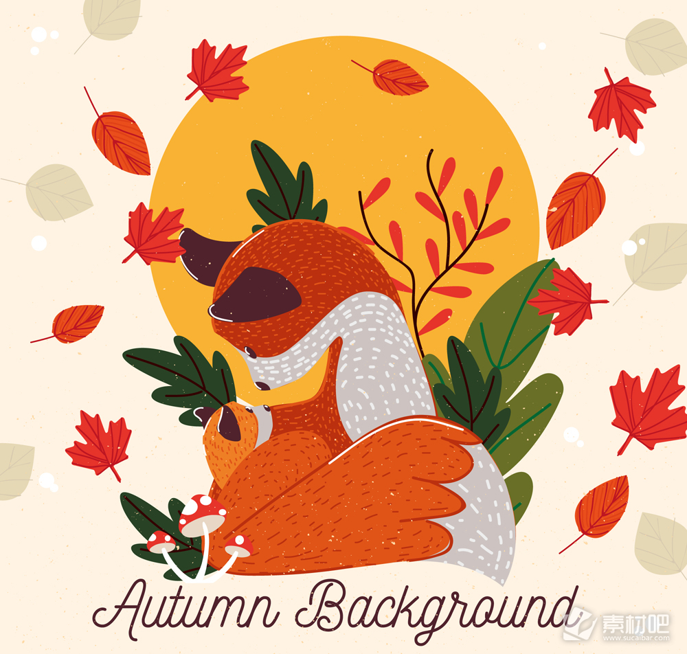 彩绘秋季落叶中的狐狸矢量图