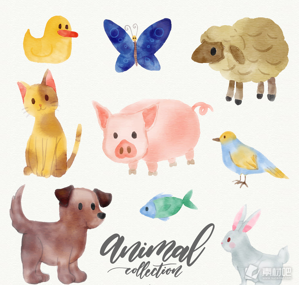 9款水彩绘可爱动物设计矢量素材
