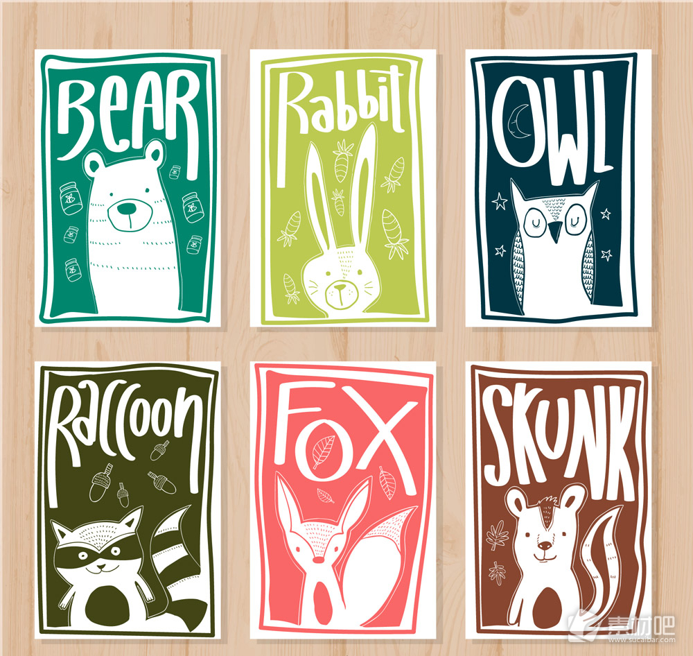 6款手绘动物和名称卡片矢量素材