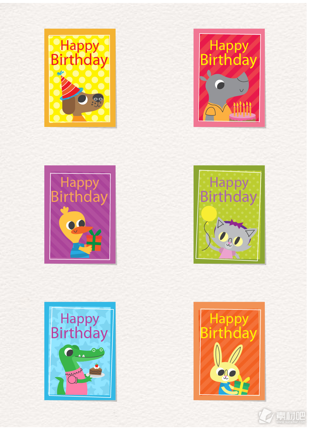 6款可爱动物生日卡片设计矢量图