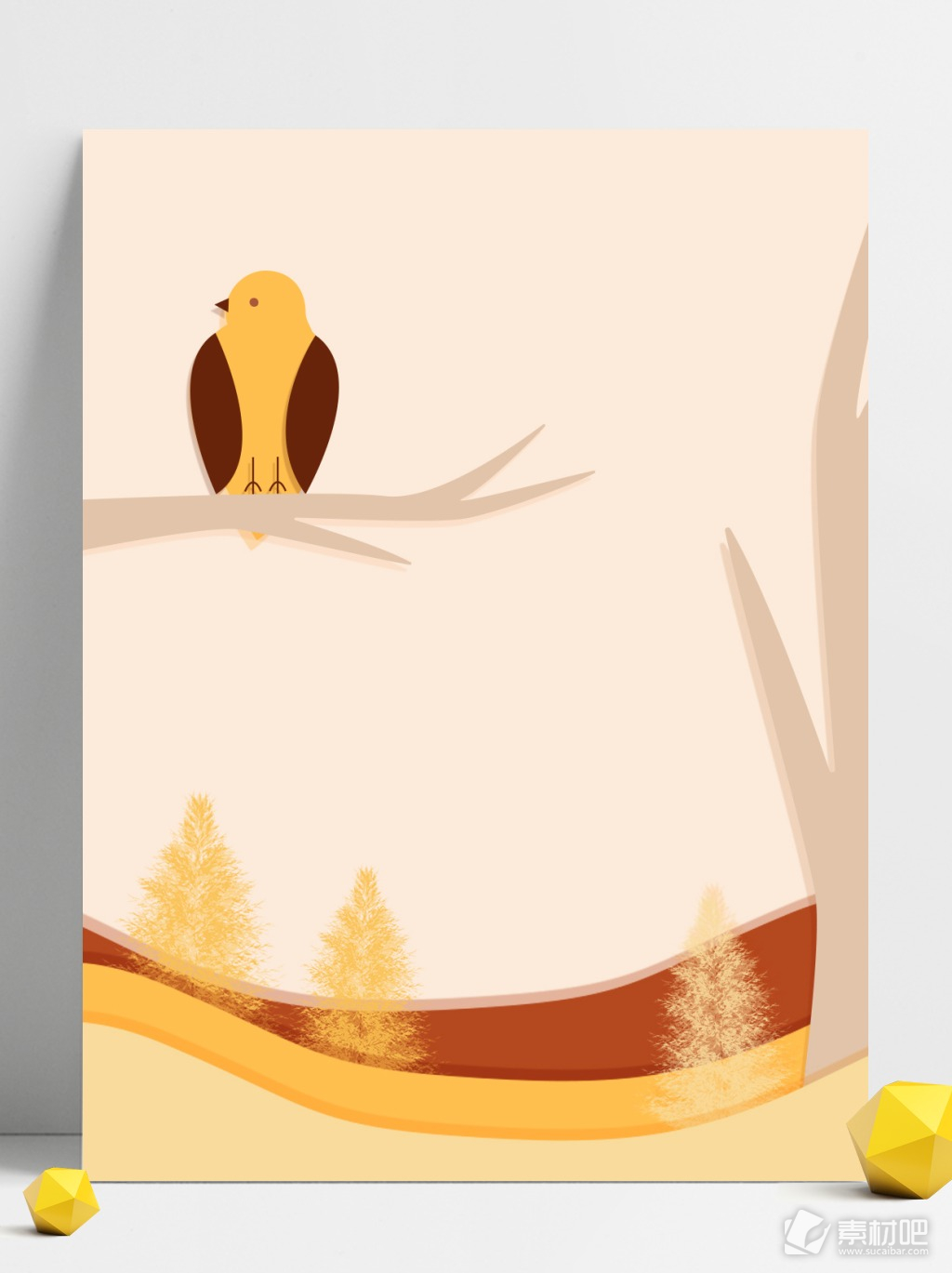 秋天黄色树林剪纸风卡通小鸟可爱背景