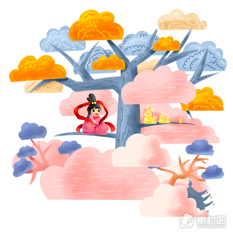 中秋节坐月桂树上云端嫦娥玉兔大型场景插画