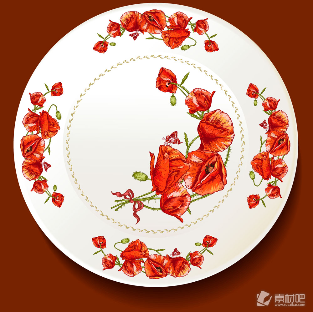 红色罂粟花花纹餐盘矢量素材
