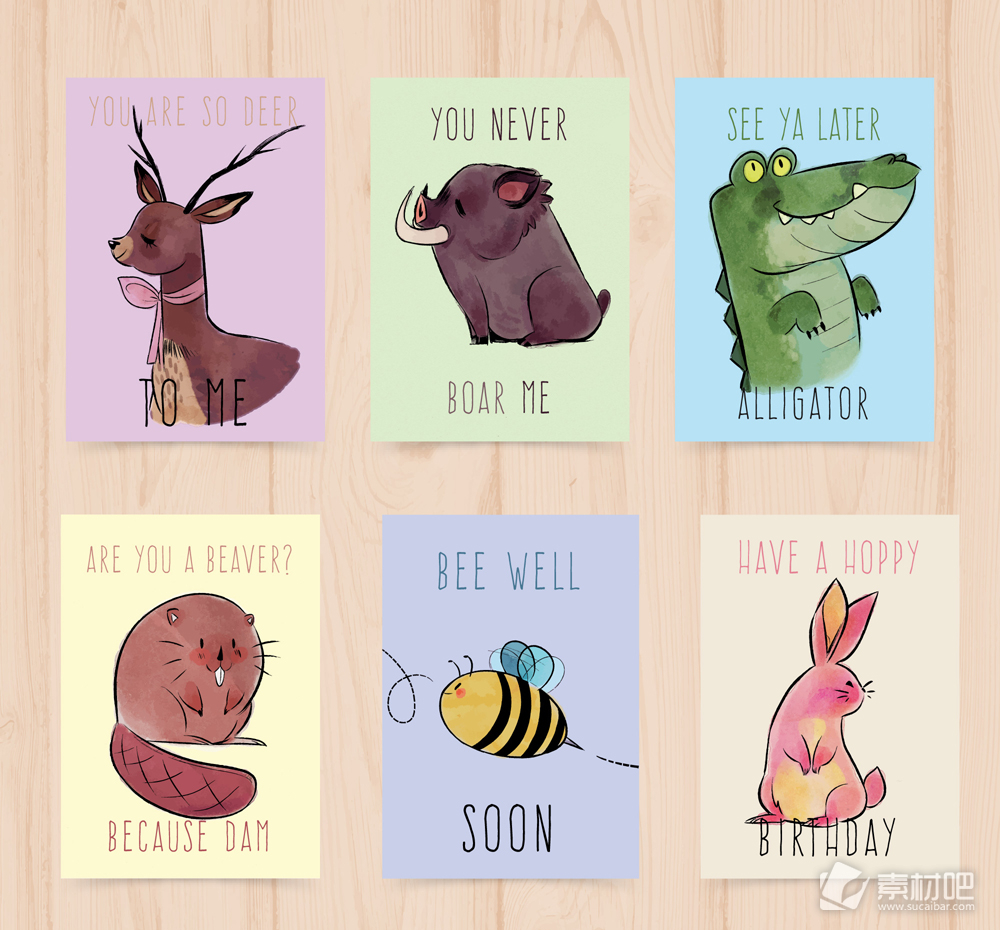 6款彩绘动物卡片矢量素材