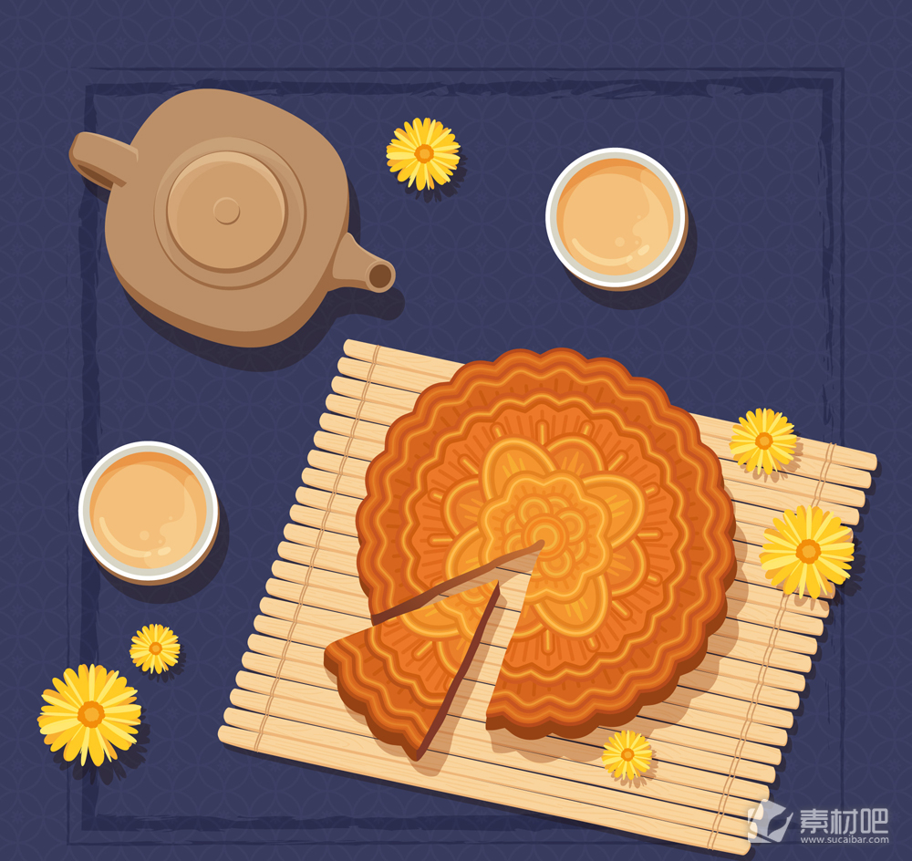 美味中秋节茶和切开的月饼矢量图
